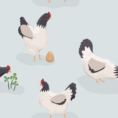 Bezszwowy wzór w kurki na jasnym tle. Kury, jajka i koniczyna. Ilustracja wektorowa.