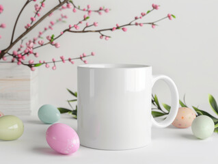 Obraz na płótnie Canvas Easter-Themed Mug Mockup with Egg Decorations and Cherry Blossoms on White Background