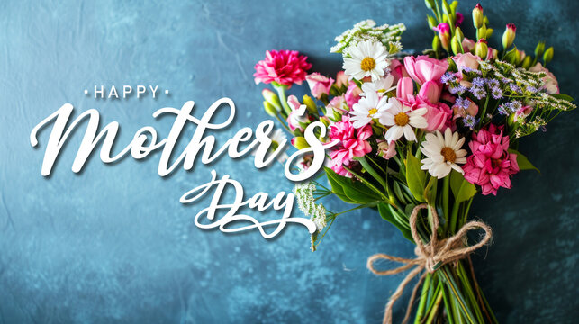 Mother's Day Floral Greeting with Bright Spring Flowers on a Blue Background