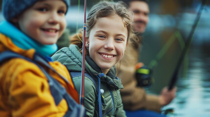 Smiling Father Fishing with Kids at Lake Shore During Summer Vacation