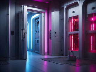 Cybersecurity sci-fi technology background with a perspective view of an empty room and door with a padlock.