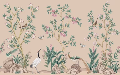Cercles muraux Dans la rue Vintage botanical garden rose tree, Chinese birds, stone, plant floral seamless border. Exotic old chinoiserie mural.