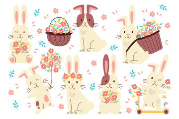 Happy Easter bunny, cute spring rabbit holding flower blossoms bouquet vector illustration