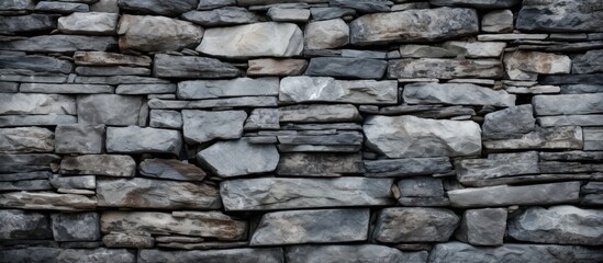 A black and white photo showcasing the texture of a rustic gray stone wall, with visible details of individual stones and mortar creating a sturdy structure.