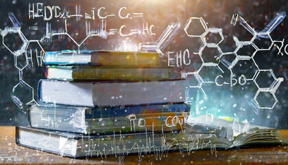 a pile of textbooks with a hologram board background of chemical formulas and the inscriptio, Generative AI