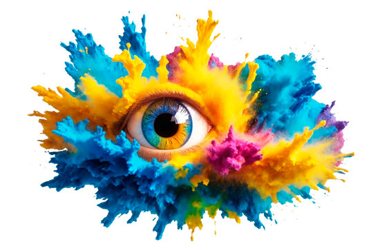 Multicolored eye with Holi paint explosion with bright colors isolated on transparent background.