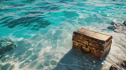 Wooden treasure chest stranded on the ocean shore.