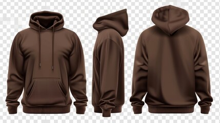 Set of brown front and back view tee hoodie hoody sweatshirt on transparent background cutout, PNG file. Mockup template for artwork graphic design - obrazy, fototapety, plakaty
