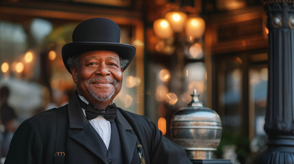 Joyful doorman in black uniform smiling.