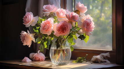 A beautiful bouquet of lush pink roses in a vase on the windowsill