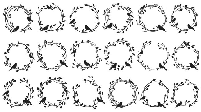 Minimalistic floral circle frame wreath with birds silhouettes design isolated vector illustration