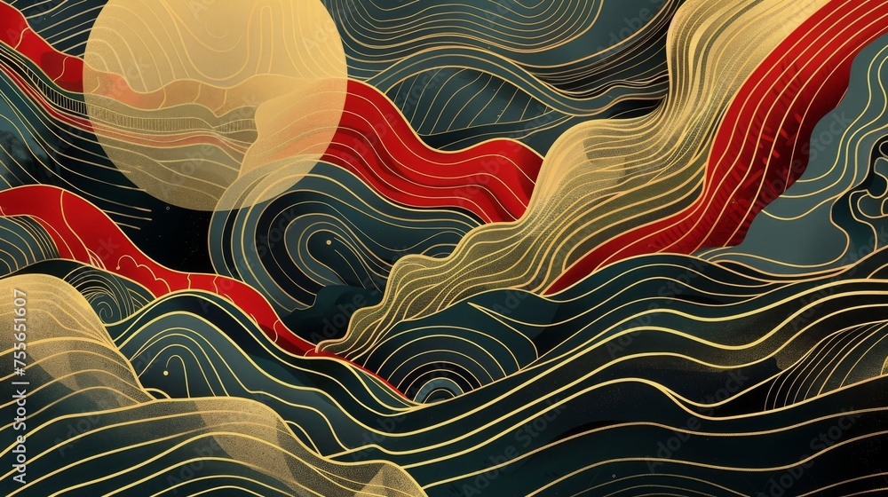 Poster A modern background with a gold line pattern. Japanese wave patterns in an oriental style.