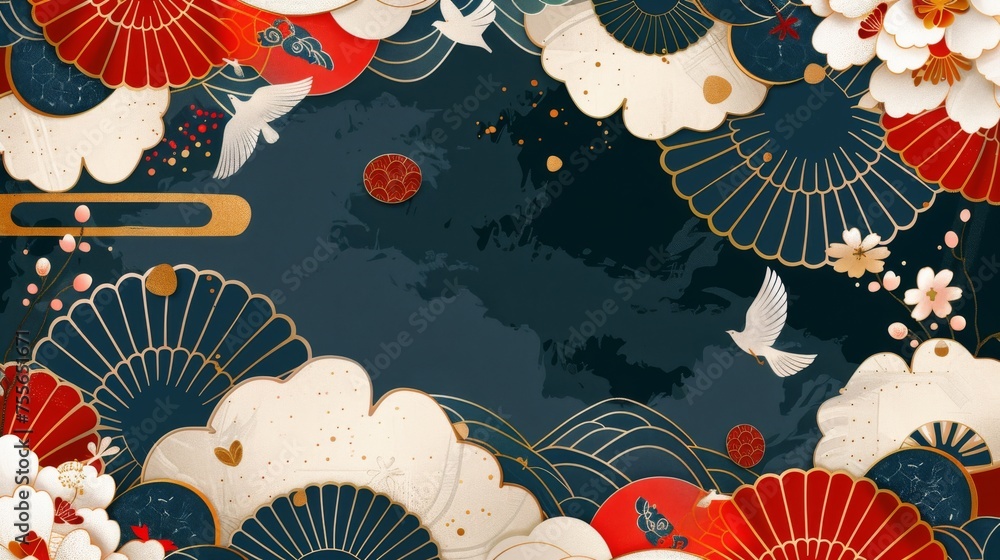 Poster asian style abstract template with a japanese pattern and icon. geometric pattern and gold texture d