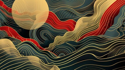A modern background with a gold line pattern. Japanese wave patterns in an oriental style.