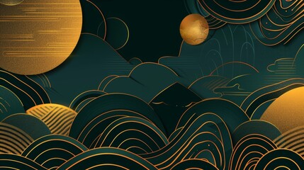 An abstract background in oriental style. Chinese new year banner. Geometric line modern with Japanese pattern. Round shapes in oriental template. Gold textures.