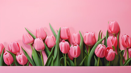Bouquet of soft pink tulips on a pink isolated background, with space for text, top view