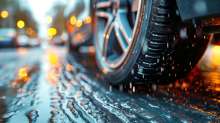 rear wheel of car on wet slippery asphalt close-up