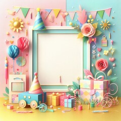 Photo Frame based on abstract art of flowers, cap, balloon, ribbon, gift