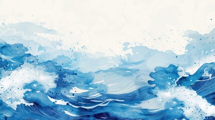 Stylish abstract art landscape banner design with watercolor texture. Blue brush stroke texture with Japanese ocean wave pattern.