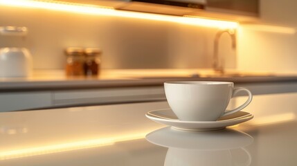 Fototapeta na wymiar Morning coffee in bright modern kitchen with copy space, summer breakfast scene on white table