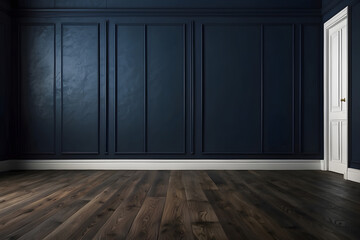 A Dark blue wall in an empty room with a wooden floor design.