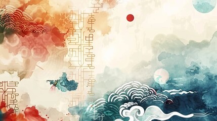 Watercolor texture with geometric icons with drawings of Chinese clouds. Oriental decoration for logo design, flyer, banner or presentation.