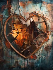A broken heart depicted as a shattered mirror reflecting fragmented memories