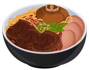 Bun Bo Hue with Beef Shanks, Sausage Slices, and Oxtail - Vietnamese Noodles Illustration