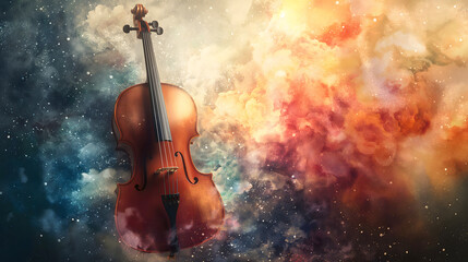Fototapeta premium Cosmic Symphony: An Illustration of a Violin against a Vibrant Nebula Backdrop