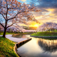 평화로운 어느 봄날, 벚꽃이 핀 공원 - obrazy, fototapety, plakaty