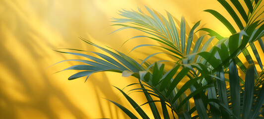 Fototapeta na wymiar Lush Tropical Palm Leaves with Golden Yellow Background for Design