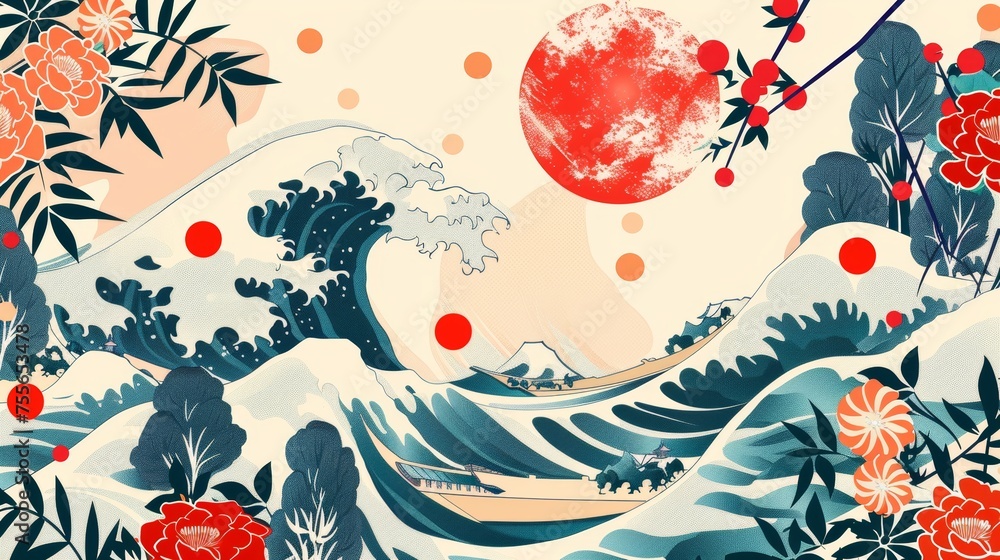 Poster modern background design with japanese elements. symbols and images from asia. pattern and template 