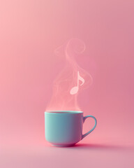 Creative Representation of Music Emerging from a Hot Cup on Pink Background