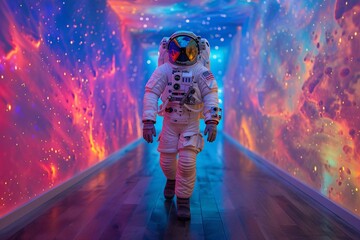 a person in a space suit walking down a hallway - Powered by Adobe