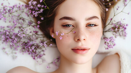 Obraz na płótnie Canvas Serene Beauty: Young Woman Lying Amongst Delicate Purple Flowers
