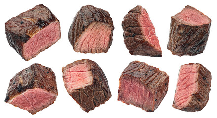 Medium rare steak pieces, sliced grilled beef cubes isolated on white background - obrazy, fototapety, plakaty