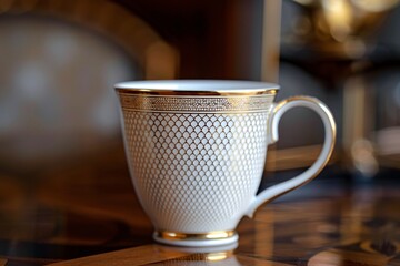 a white and gold coffee cup