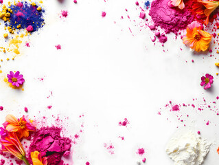 Colorful Holi Powder and Tropical Flowers on White Background