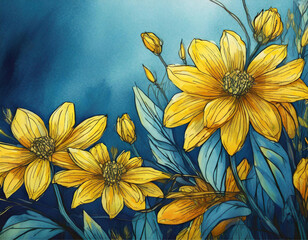 Ilustração de várias flores amarelas em um fundo azul de arquarela. - obrazy, fototapety, plakaty