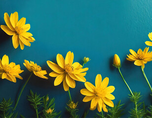 Um fundo azul com flores amarelas e espaço para texto.
