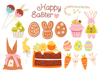 Happy Easter spring holiday party design elements and festive treats set vector illustration
