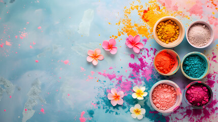 Vibrant Holi Powder Colors in Bowls on a White Background - obrazy, fototapety, plakaty
