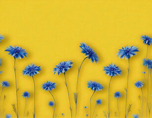 Um barrado de flores azuis com fundo amarelo e espaço para texto.