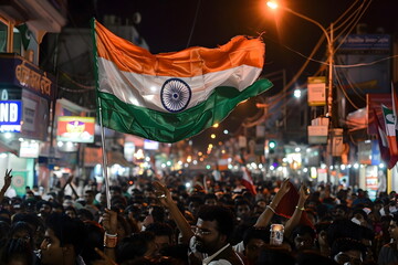 people celebrating and waving indian flag on street - obrazy, fototapety, plakaty