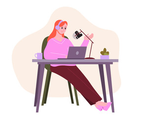 Podcasting Scene. Female Podcaster Talking to Microphone Recording Podcast. Young Woman Sitting in Comfy Chairs and Recording a New Episode. Vector Illustration in Flat Style.