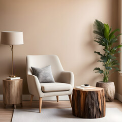 Fabric lounge chair and wood stump side table against beige stucco wall with copy space.