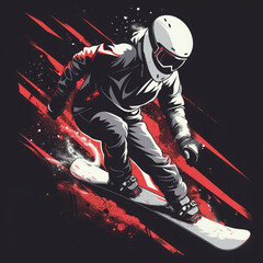 Color drawing of snowboarder silhouette on dark background. Active sport sticker