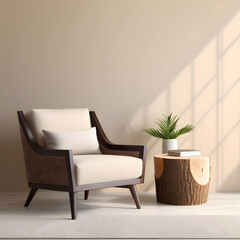 Fabric lounge chair and wood stump side table against beige stucco wall with copy space.