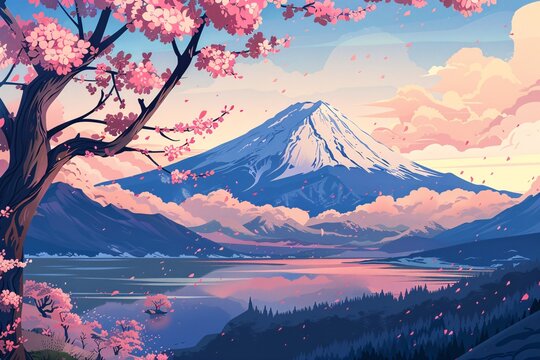 Mount Fuji with a lake and pink flowers