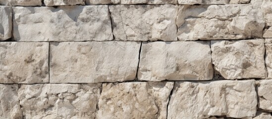 The stone wall in the image is made up of blocks of various sizes, all crafted from crushed limestone. The blocks are stacked on top of each other, creating a sturdy and textured wall.